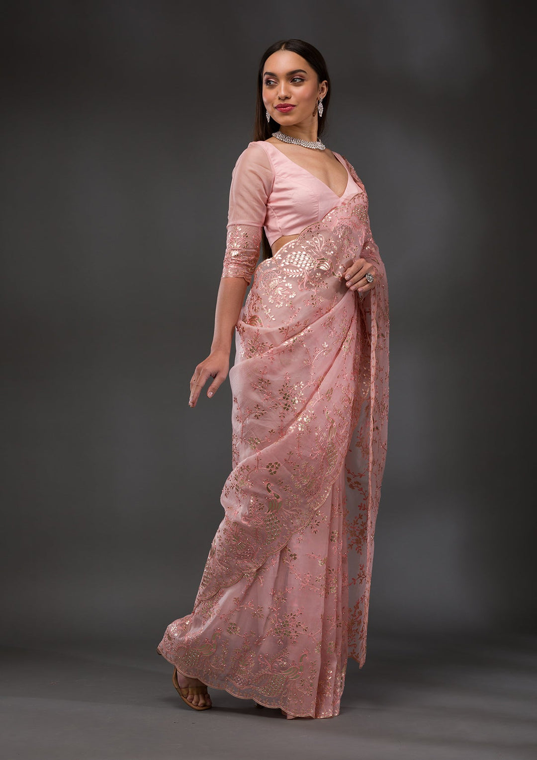 Pink Gotapatti Tissue Saree-Koskii