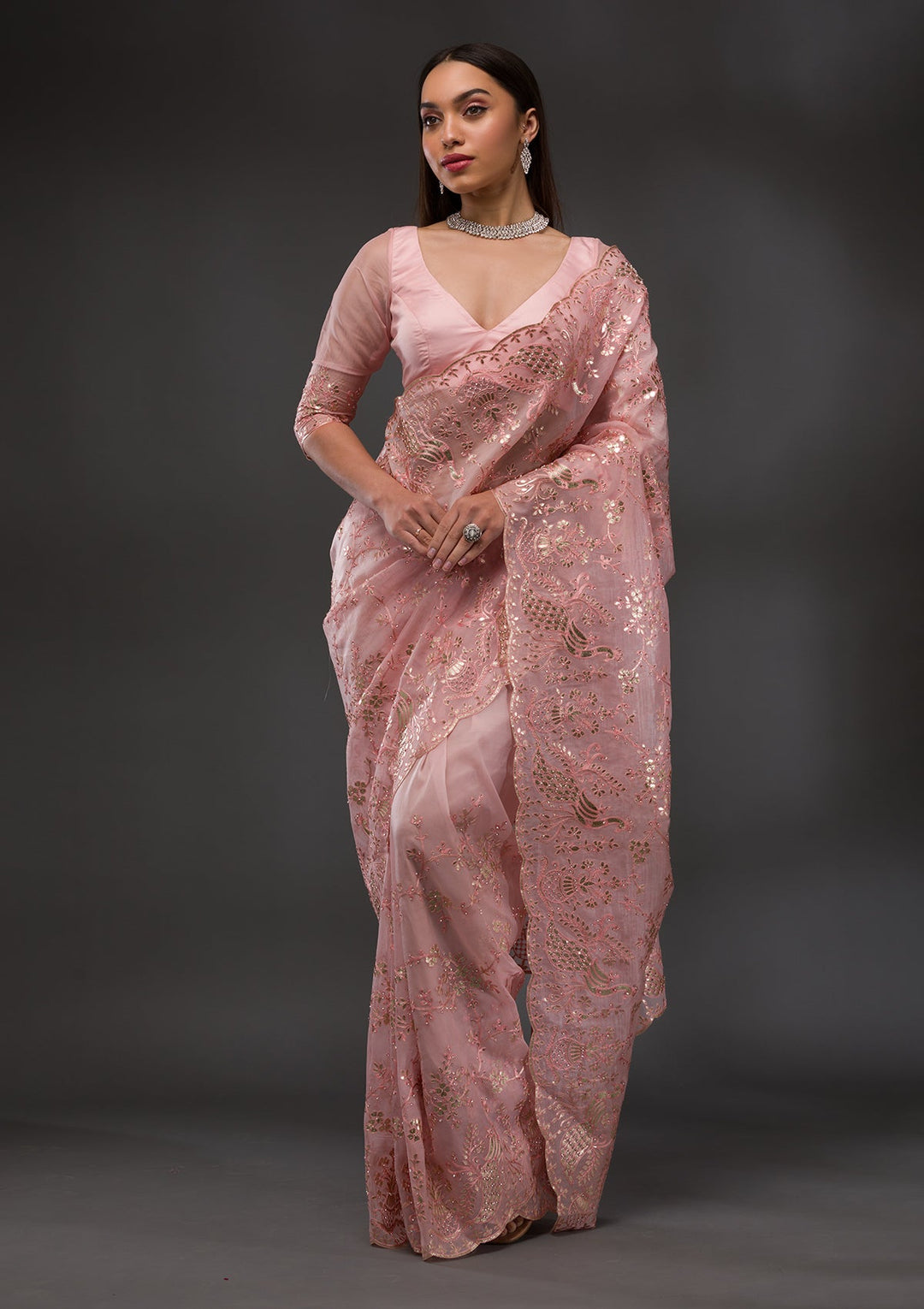 Pink Gotapatti Tissue Saree-Koskii