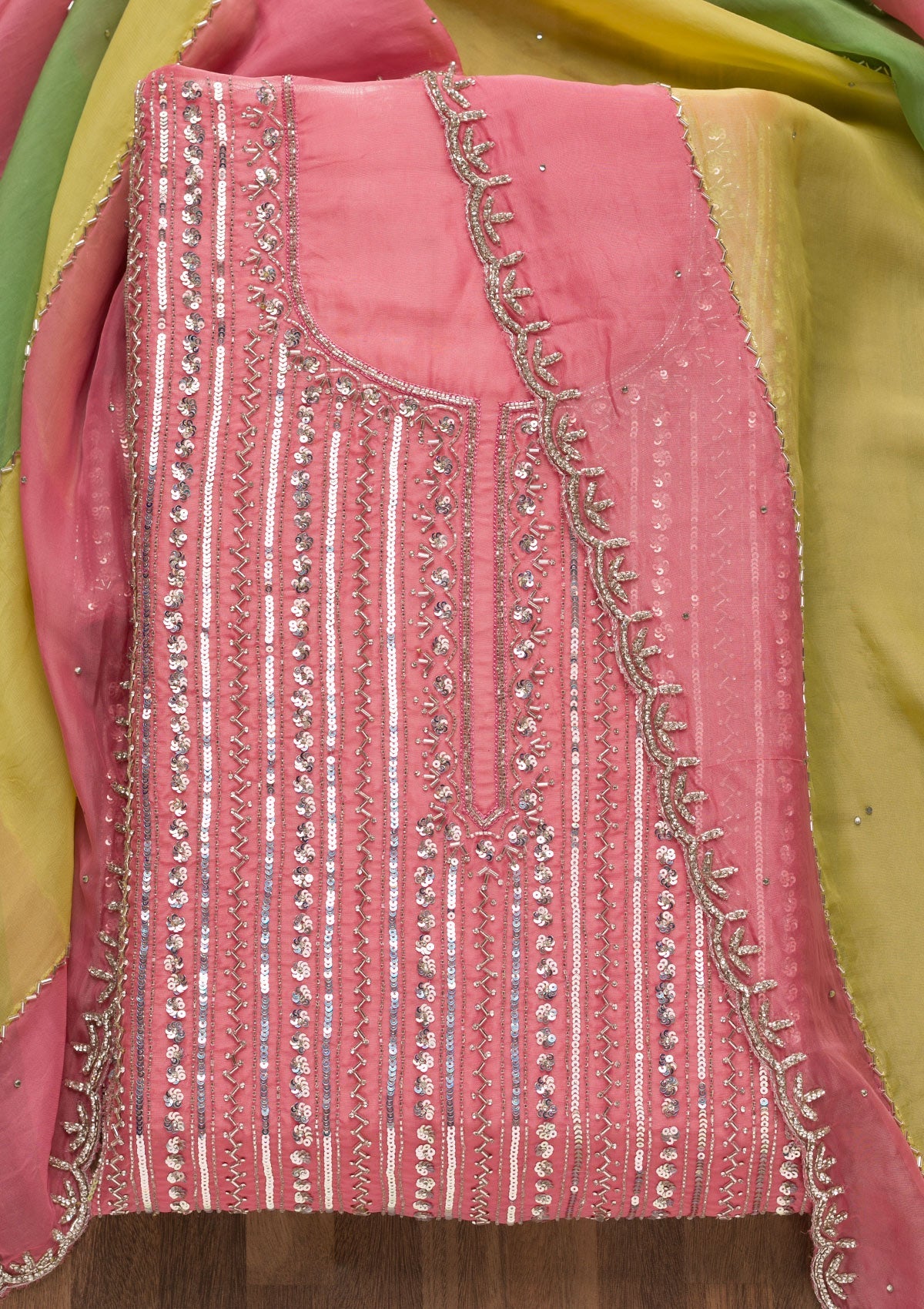 Pink Mirrorwork Georgette Unstitched Salwar Suit-Koskii