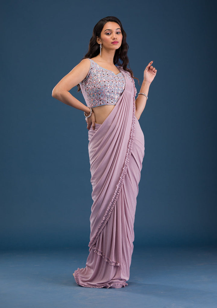 Pink Mirrorwork Lycra Saree-Koskii