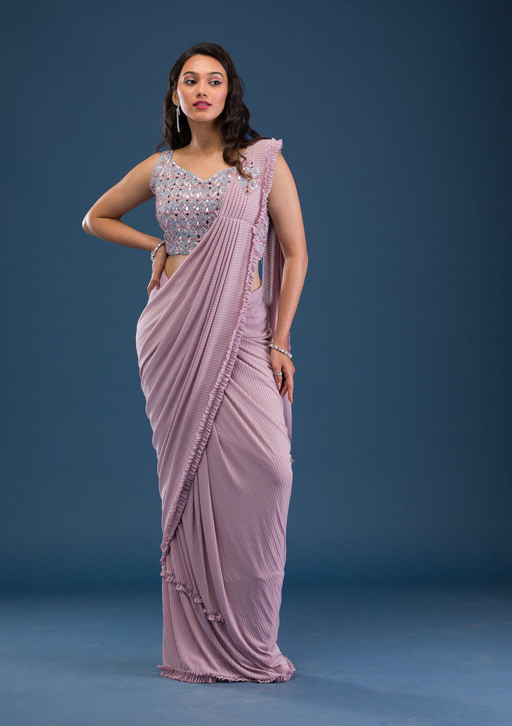 Pink Mirrorwork Lycra Saree-Koskii