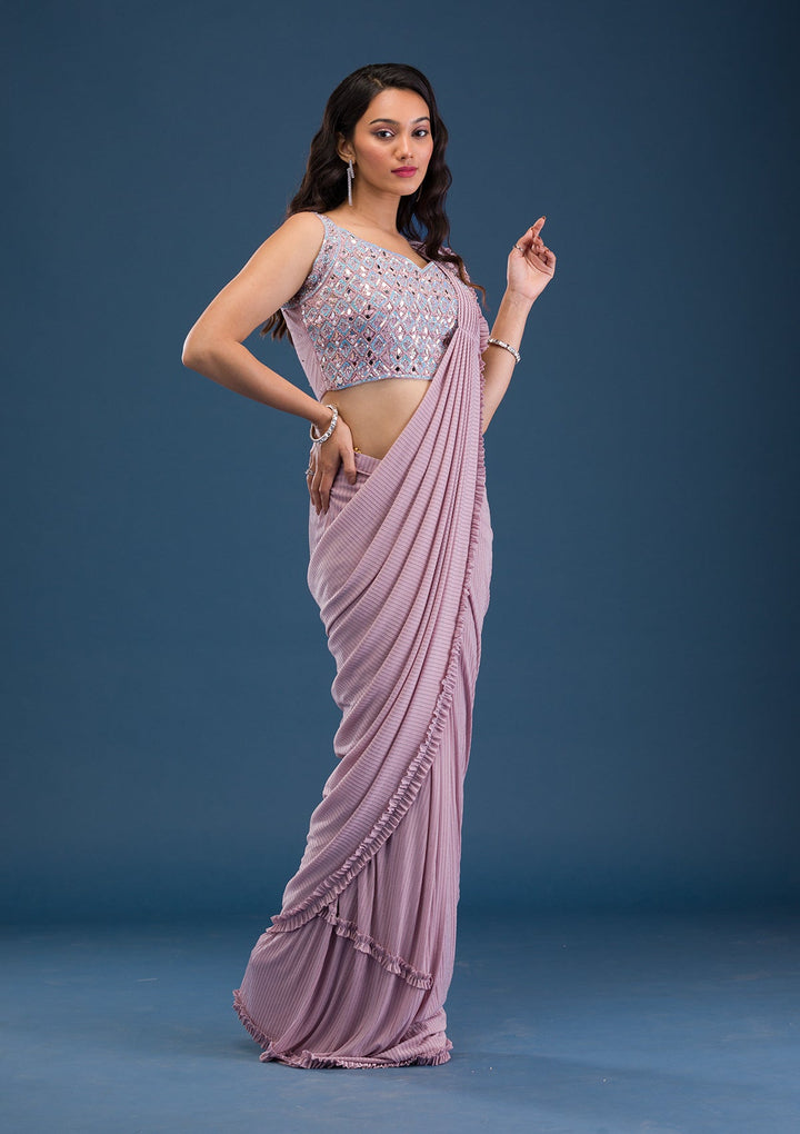 Pink Mirrorwork Lycra Saree-Koskii