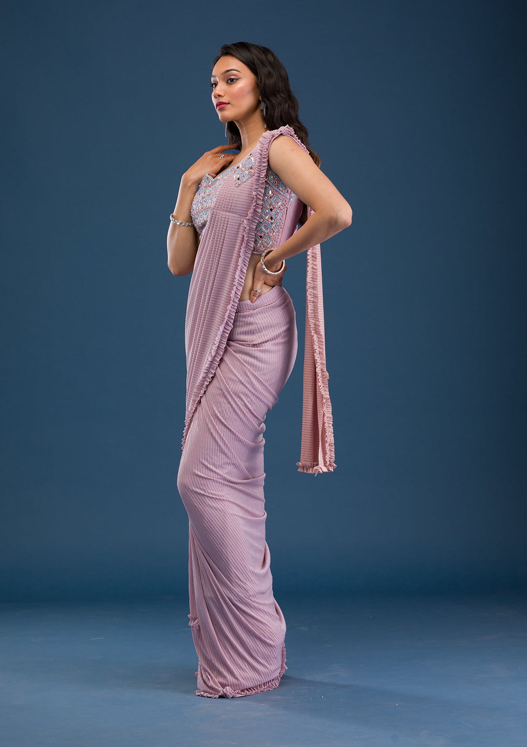 Pink Mirrorwork Lycra Saree-Koskii
