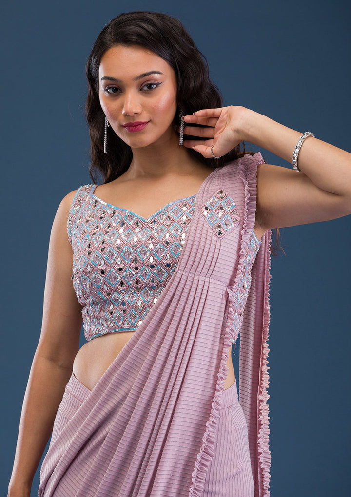 Pink Mirrorwork Lycra Saree-Koskii