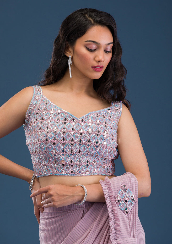 Pink Mirrorwork Lycra Saree-Koskii