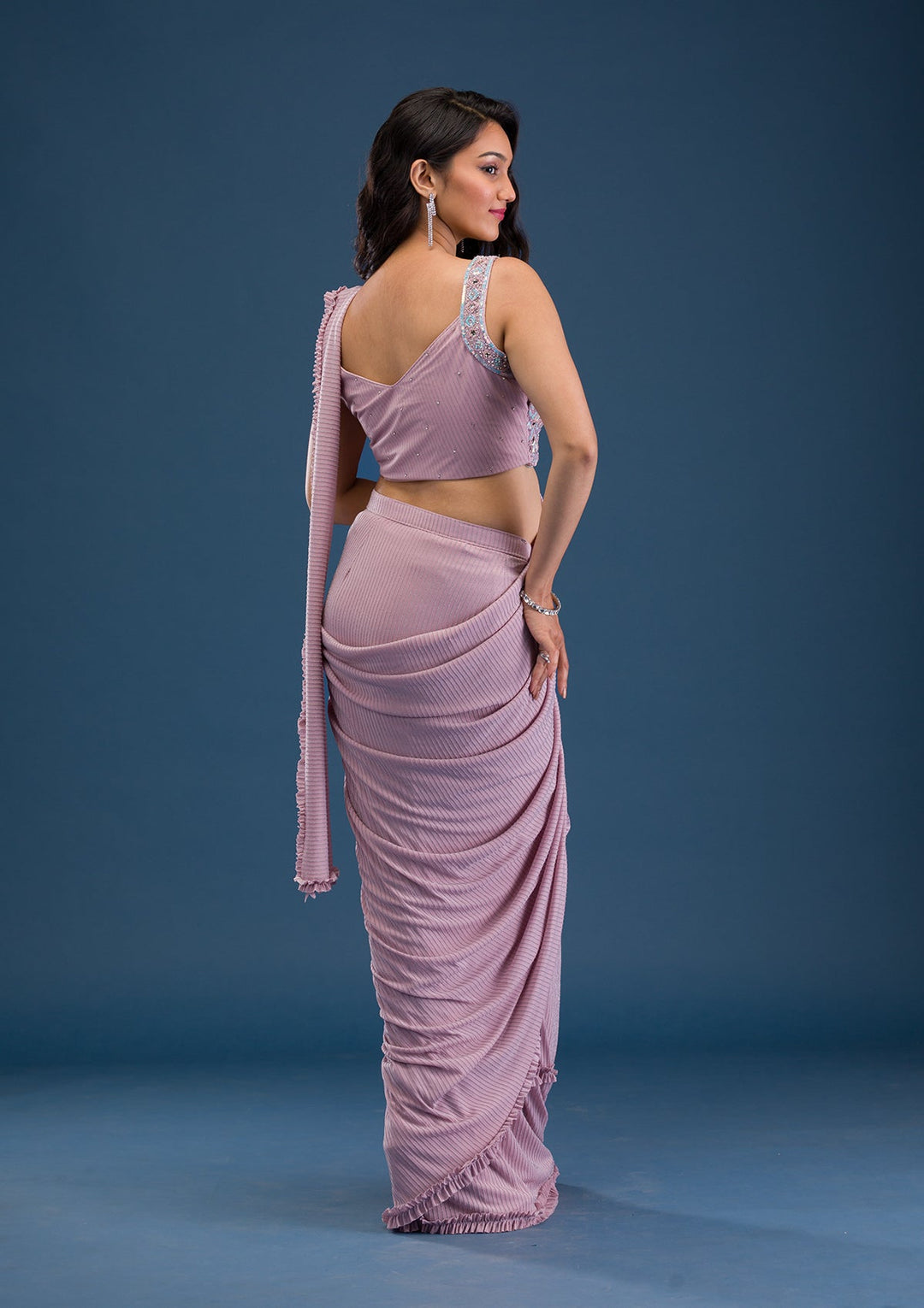 Pink Mirrorwork Lycra Saree-Koskii