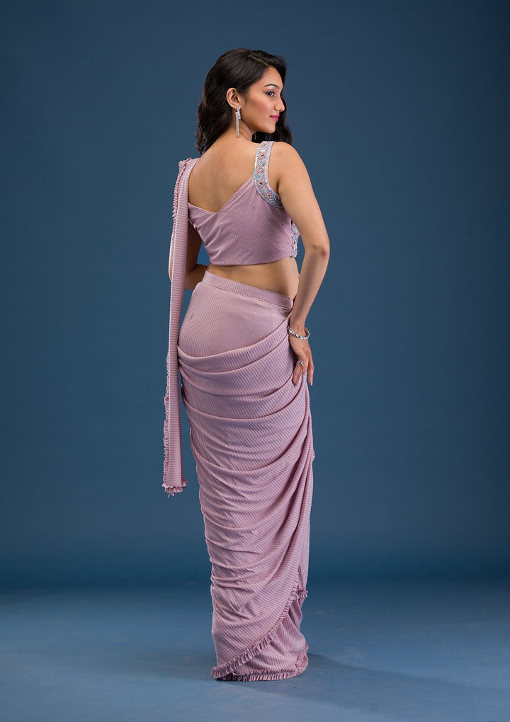 Pink Mirrorwork Lycra Saree-Koskii