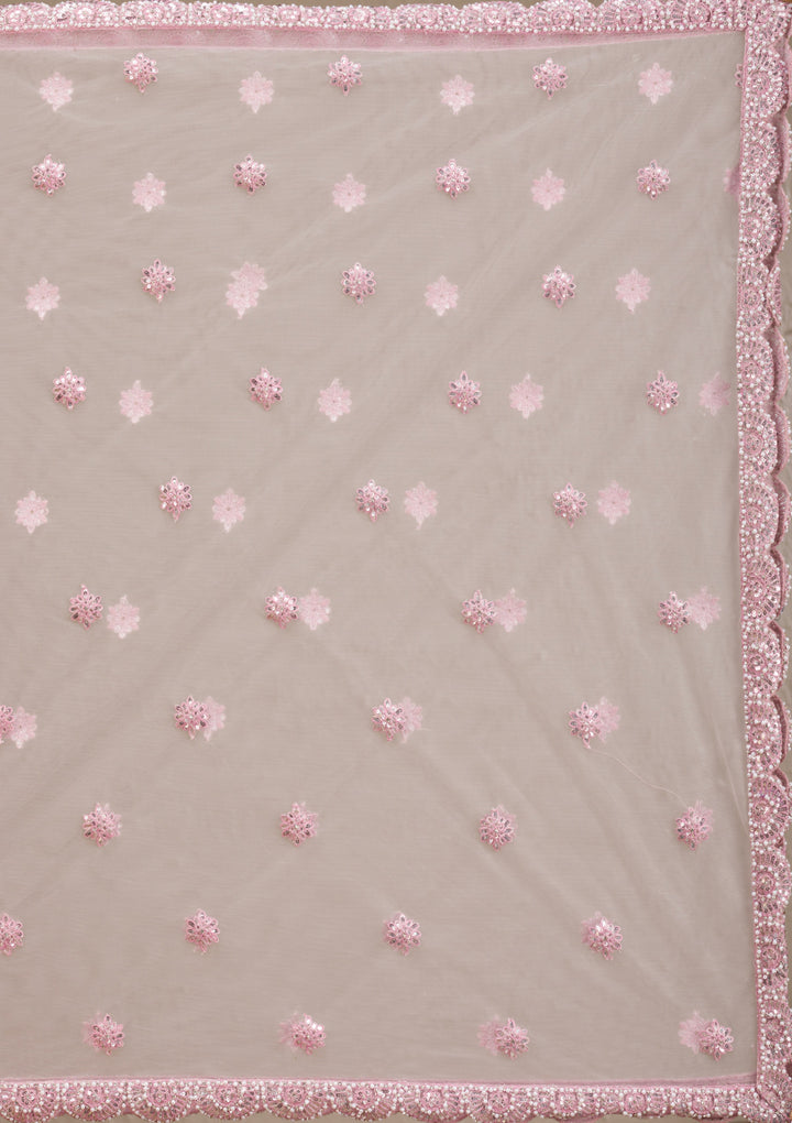 Pink Mirrorwork Net Readymade Lehenga