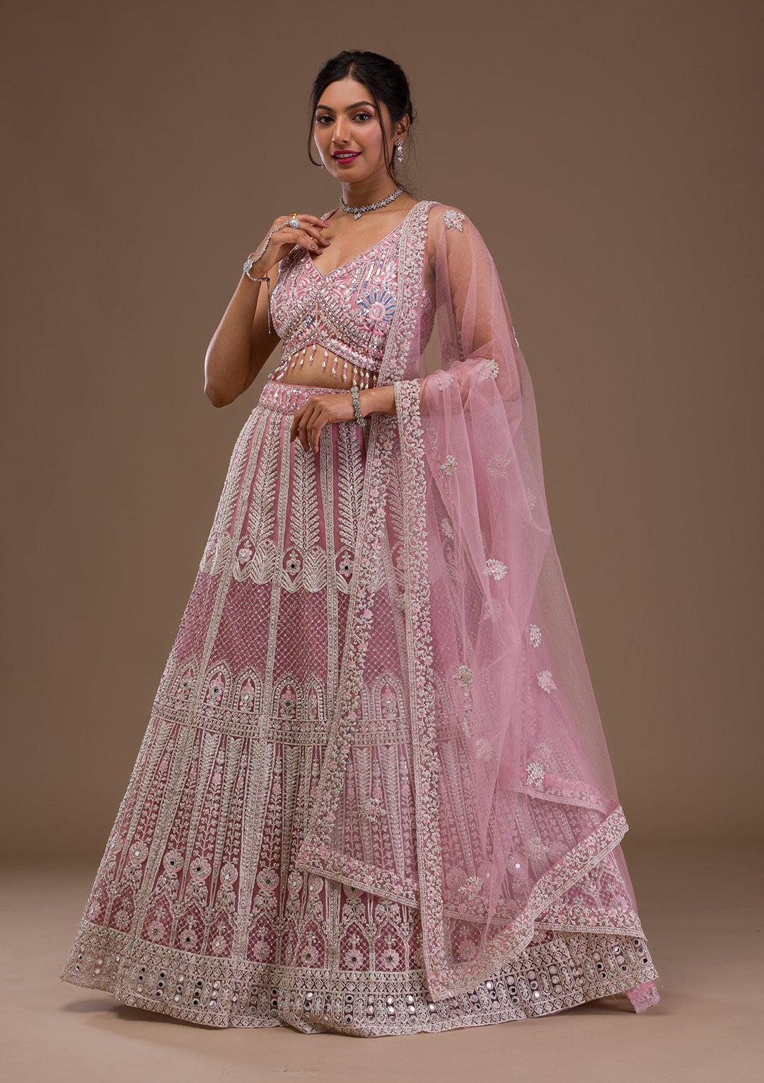 Pink Mirrorwork Net Readymade Lehenga-Koskii