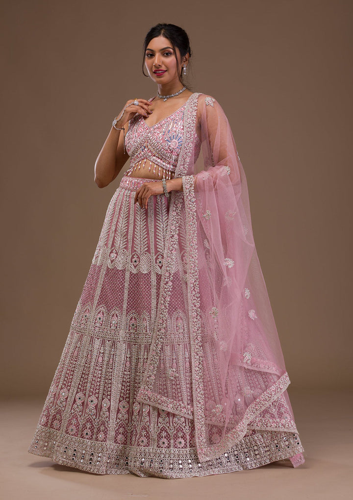 Pink Mirrorwork Net Readymade Lehenga-Koskii