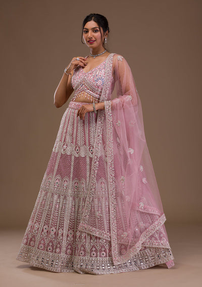 Pink Mirrorwork Net Readymade Lehenga-Koskii