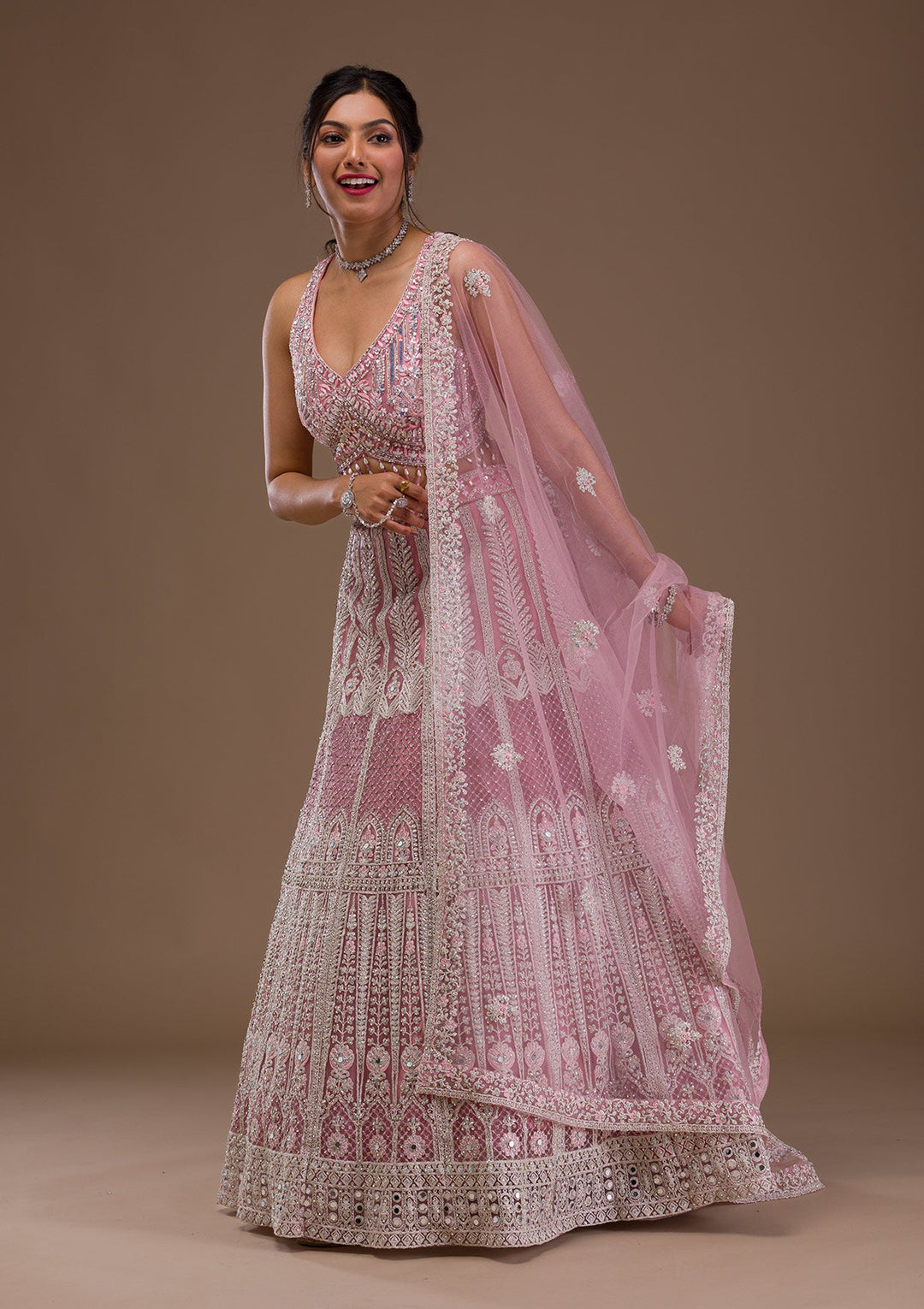 Pink Mirrorwork Net Readymade Lehenga-Koskii