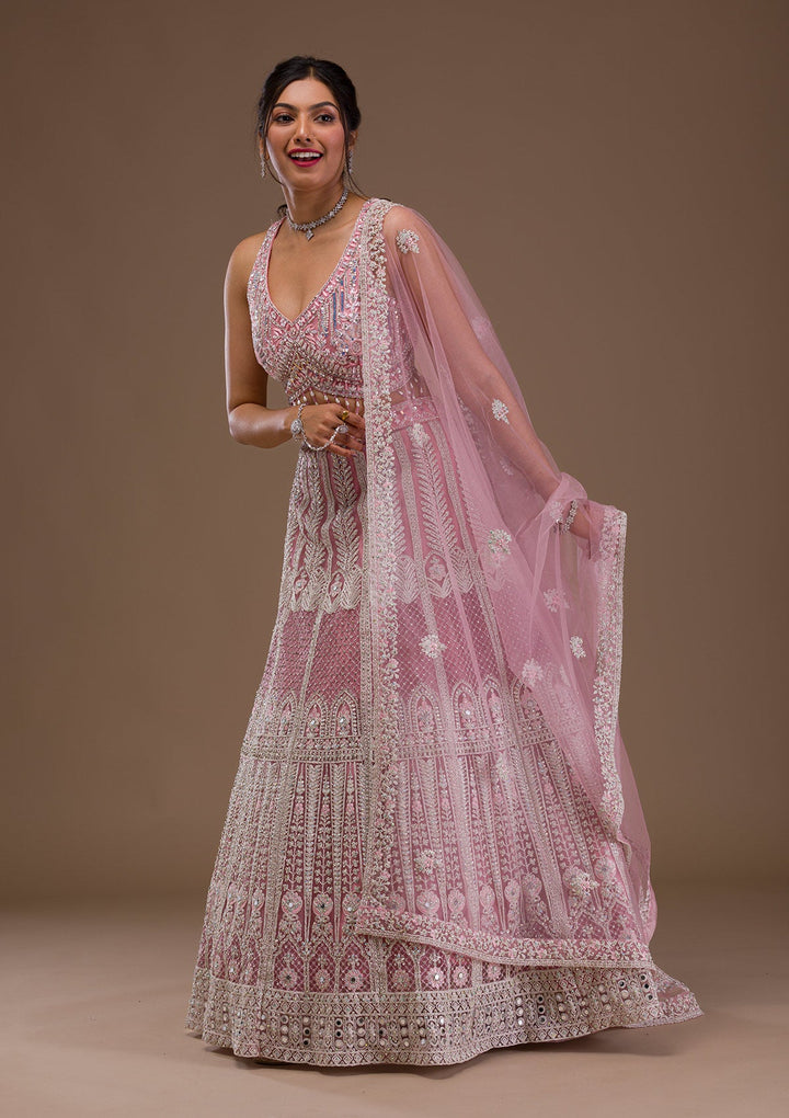 Pink Mirrorwork Net Readymade Lehenga-Koskii