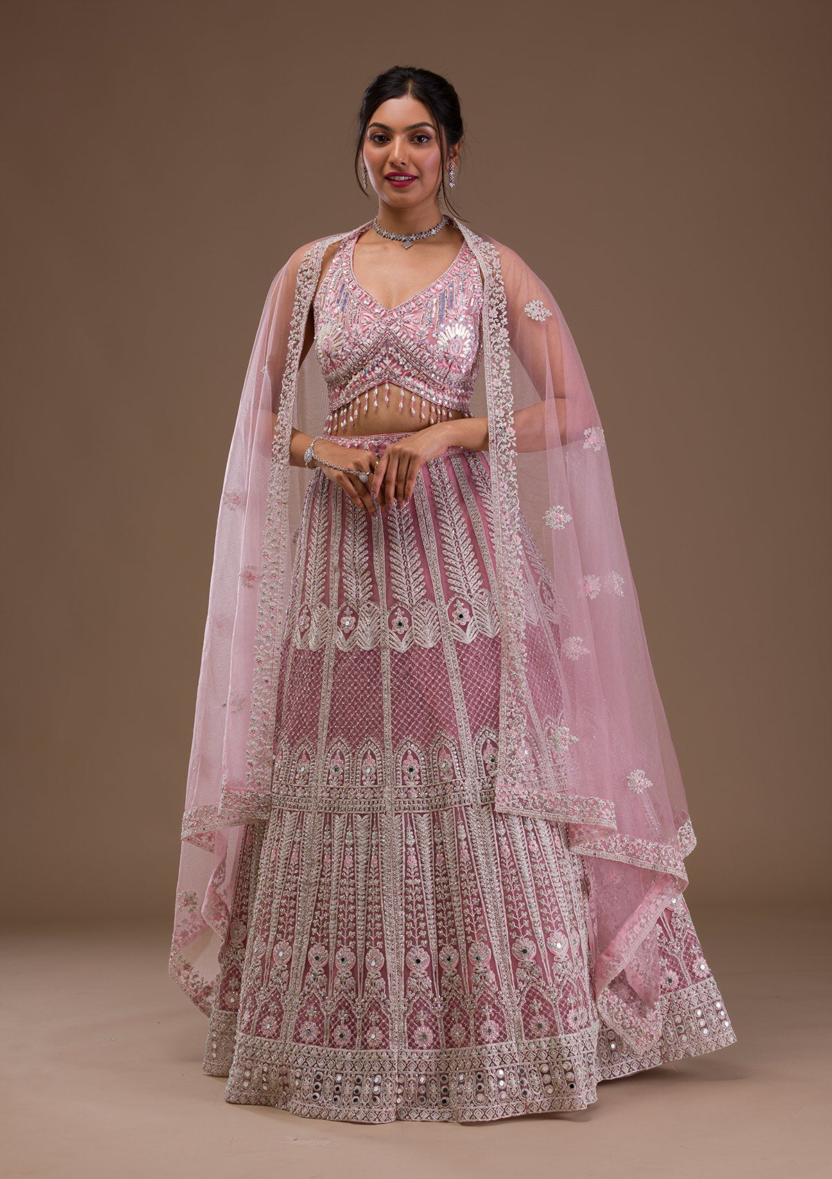 Pink Mirrorwork Net Readymade Lehenga-Koskii