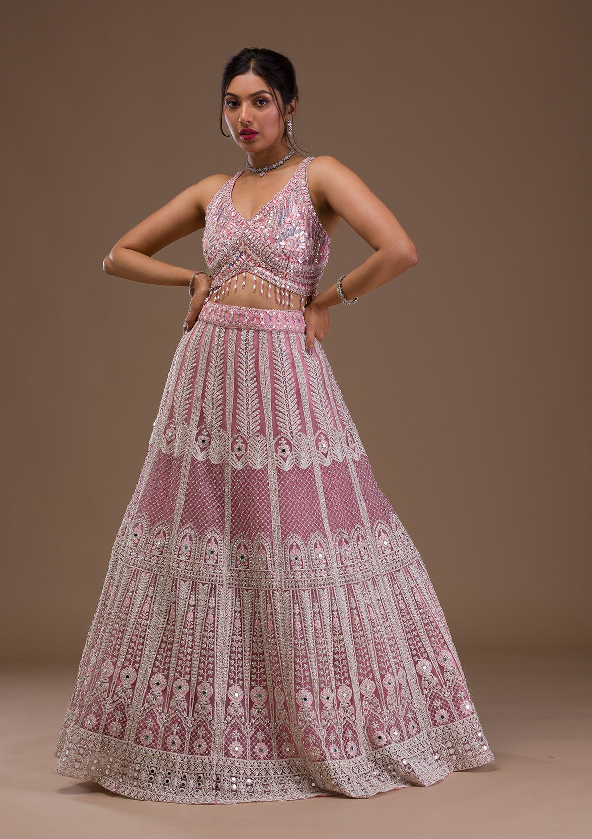 Pink Mirrorwork Net Readymade Lehenga-Koskii