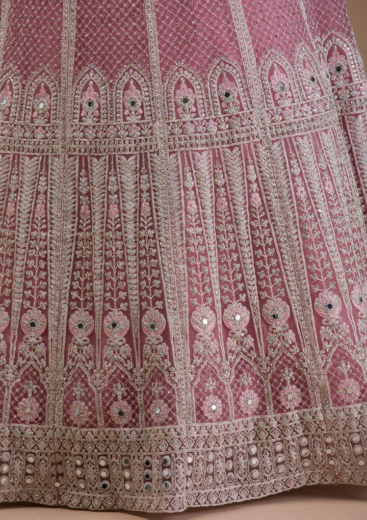 Pink Mirrorwork Net Readymade Lehenga-Koskii