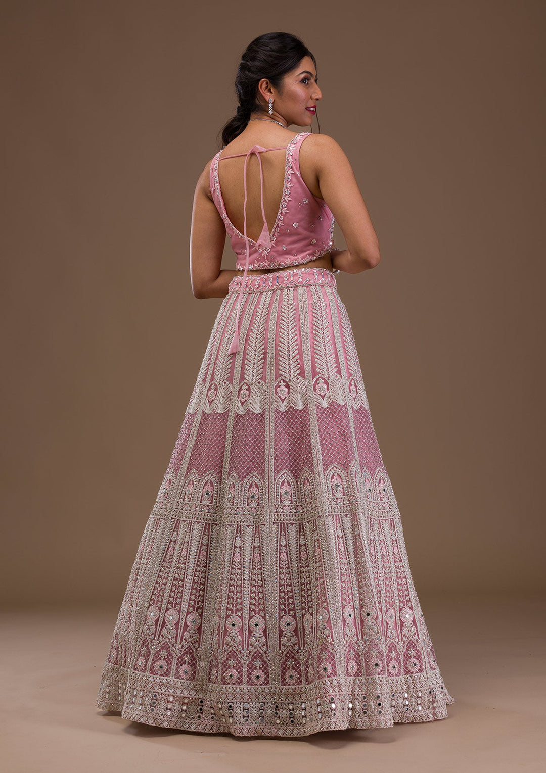 Pink Mirrorwork Net Readymade Lehenga-Koskii