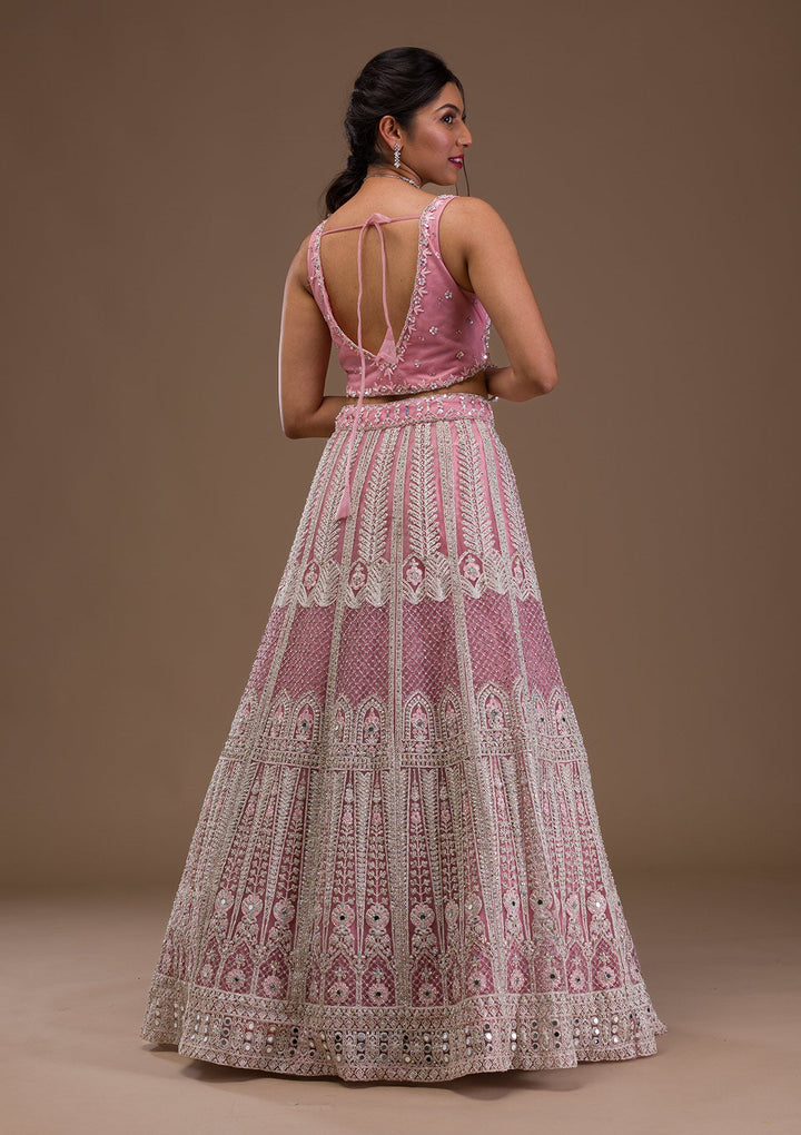 Pink Mirrorwork Net Readymade Lehenga-Koskii