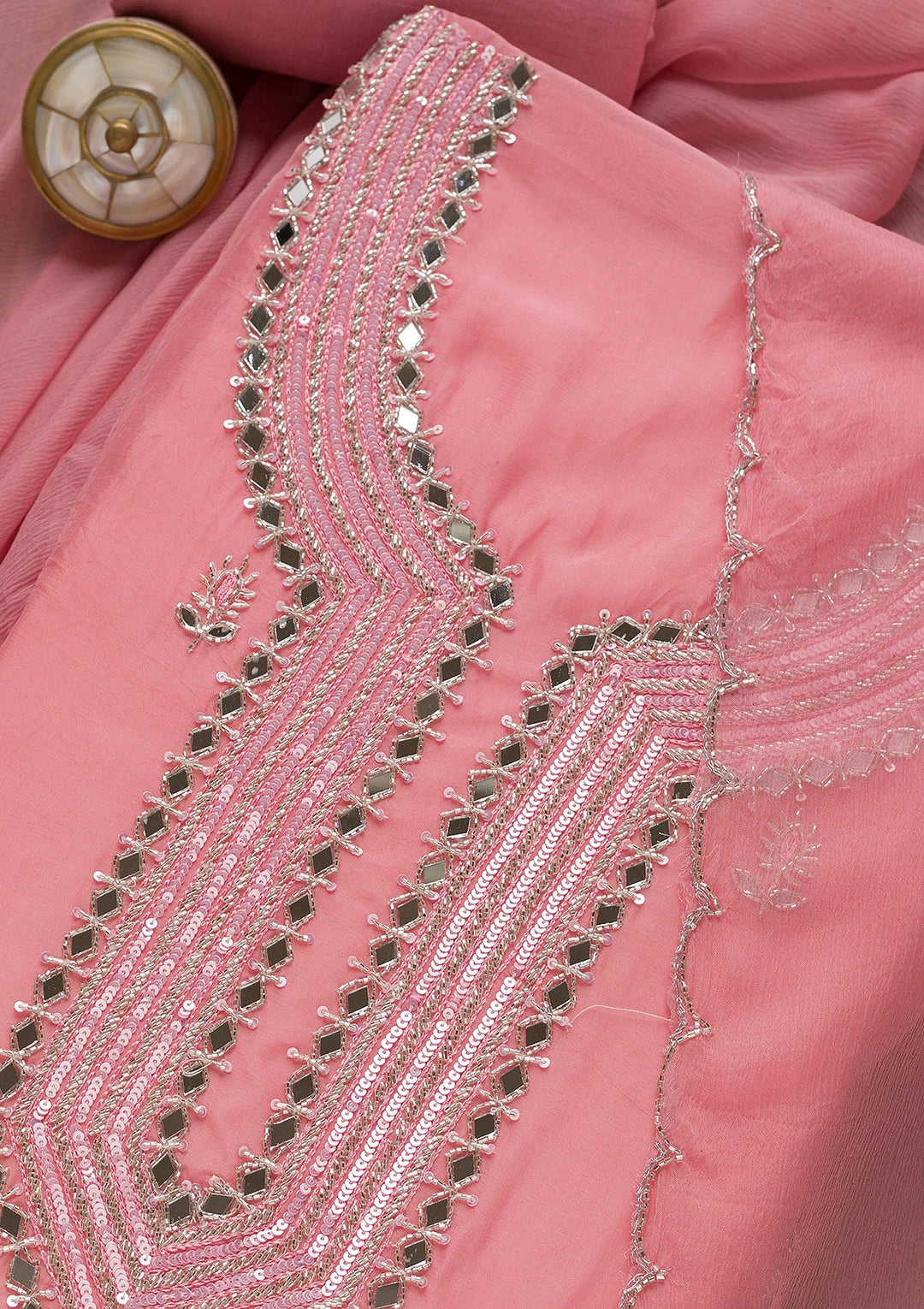 Pink Mirrorwork Semi Crepe Unstitched Salwar Suit-Koskii