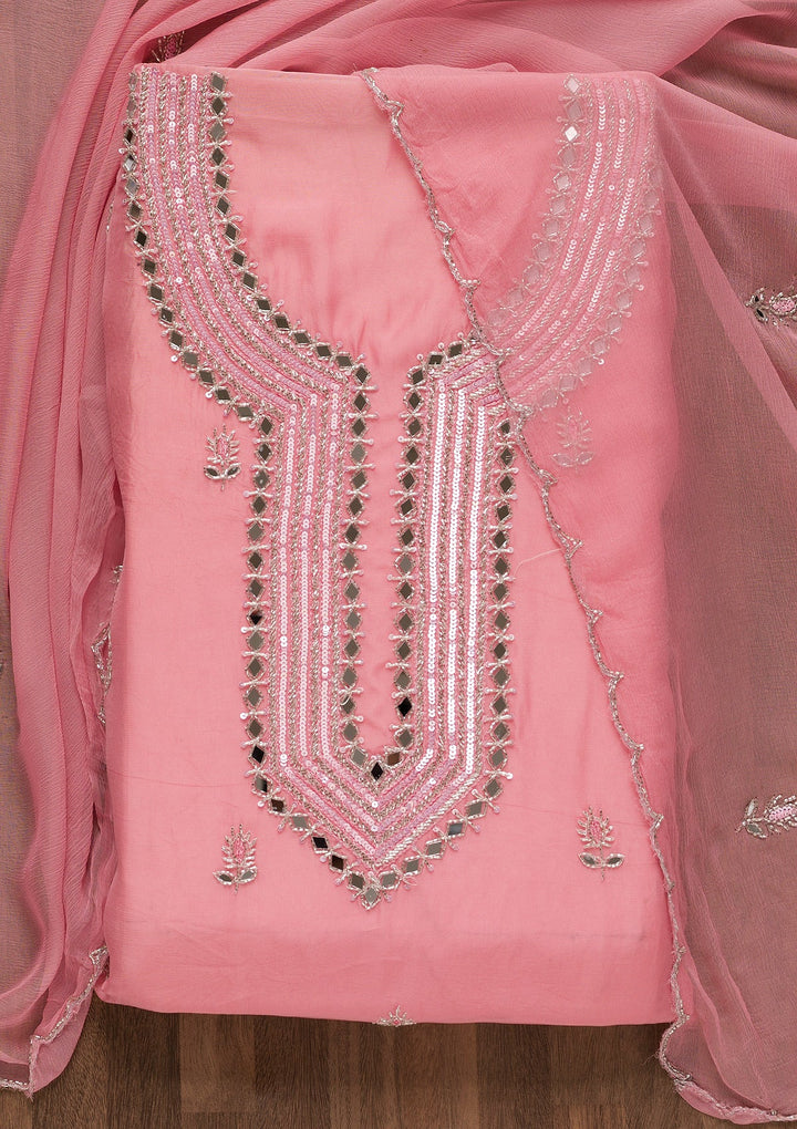 Pink Mirrorwork Semi Crepe Unstitched Salwar Suit-Koskii