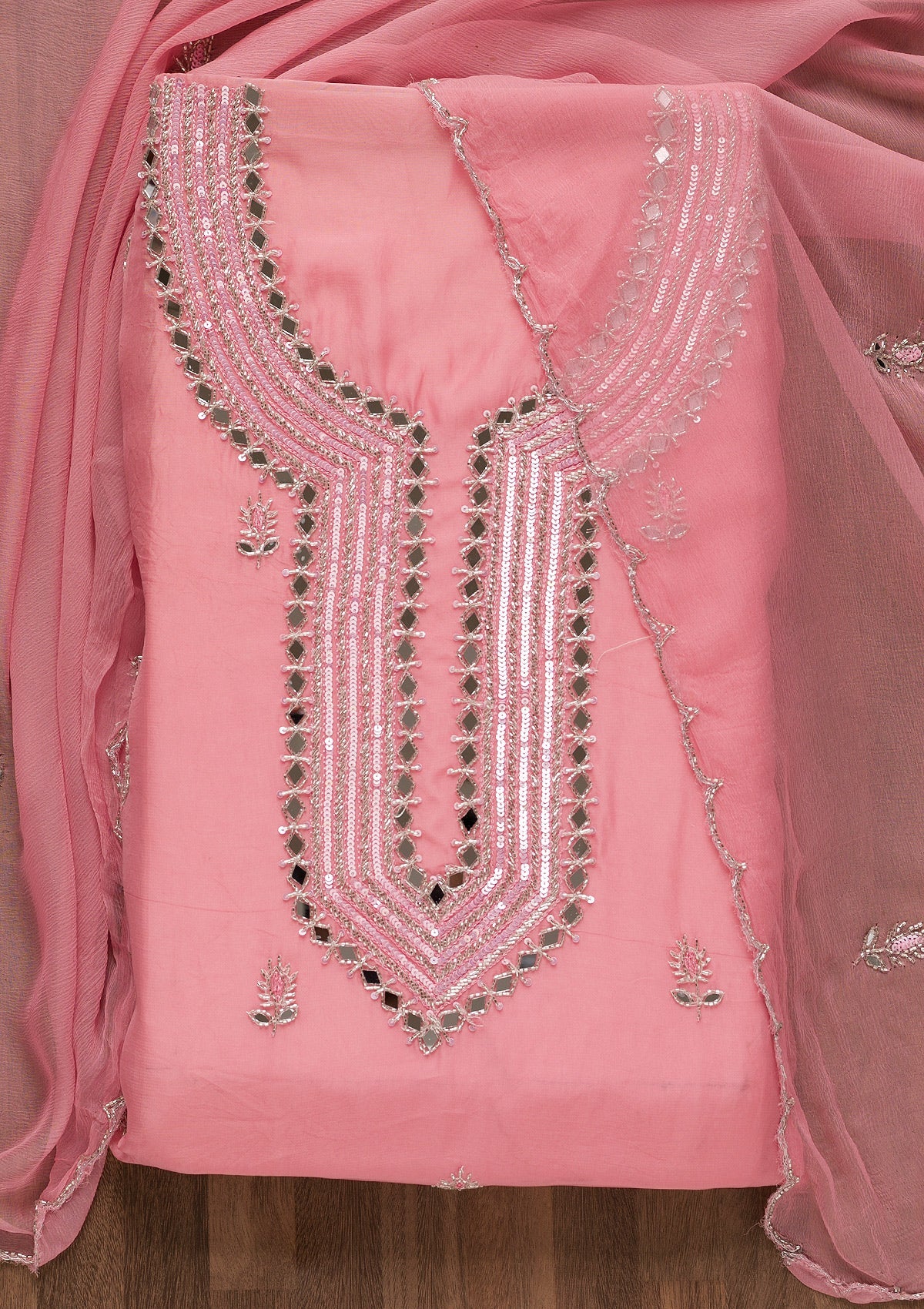 Pink Mirrorwork Semi Crepe Unstitched Salwar Suit-Koskii