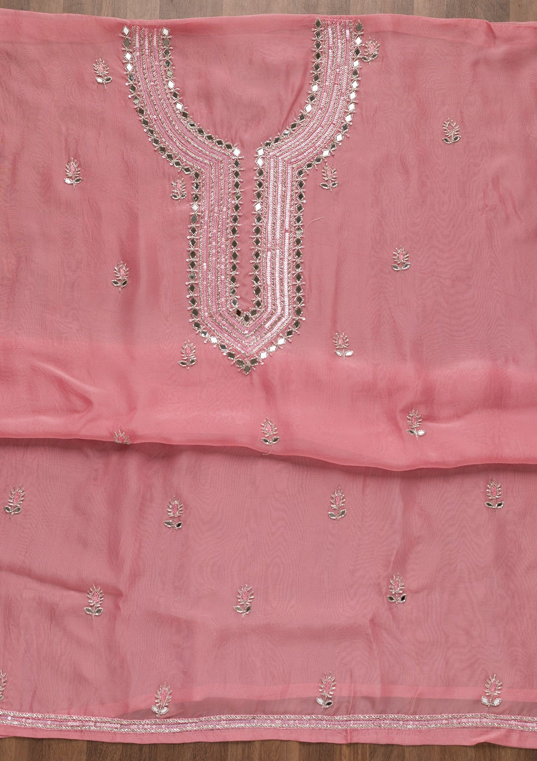 Pink Mirrorwork Semi Crepe Unstitched Salwar Suit-Koskii