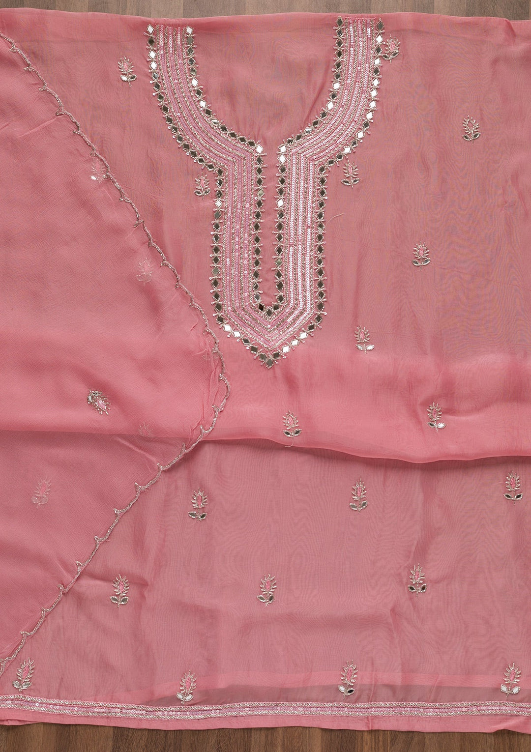Pink Mirrorwork Semi Crepe Unstitched Salwar Suit-Koskii