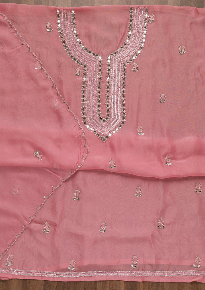 Pink Mirrorwork Semi Crepe Unstitched Salwar Suit-Koskii