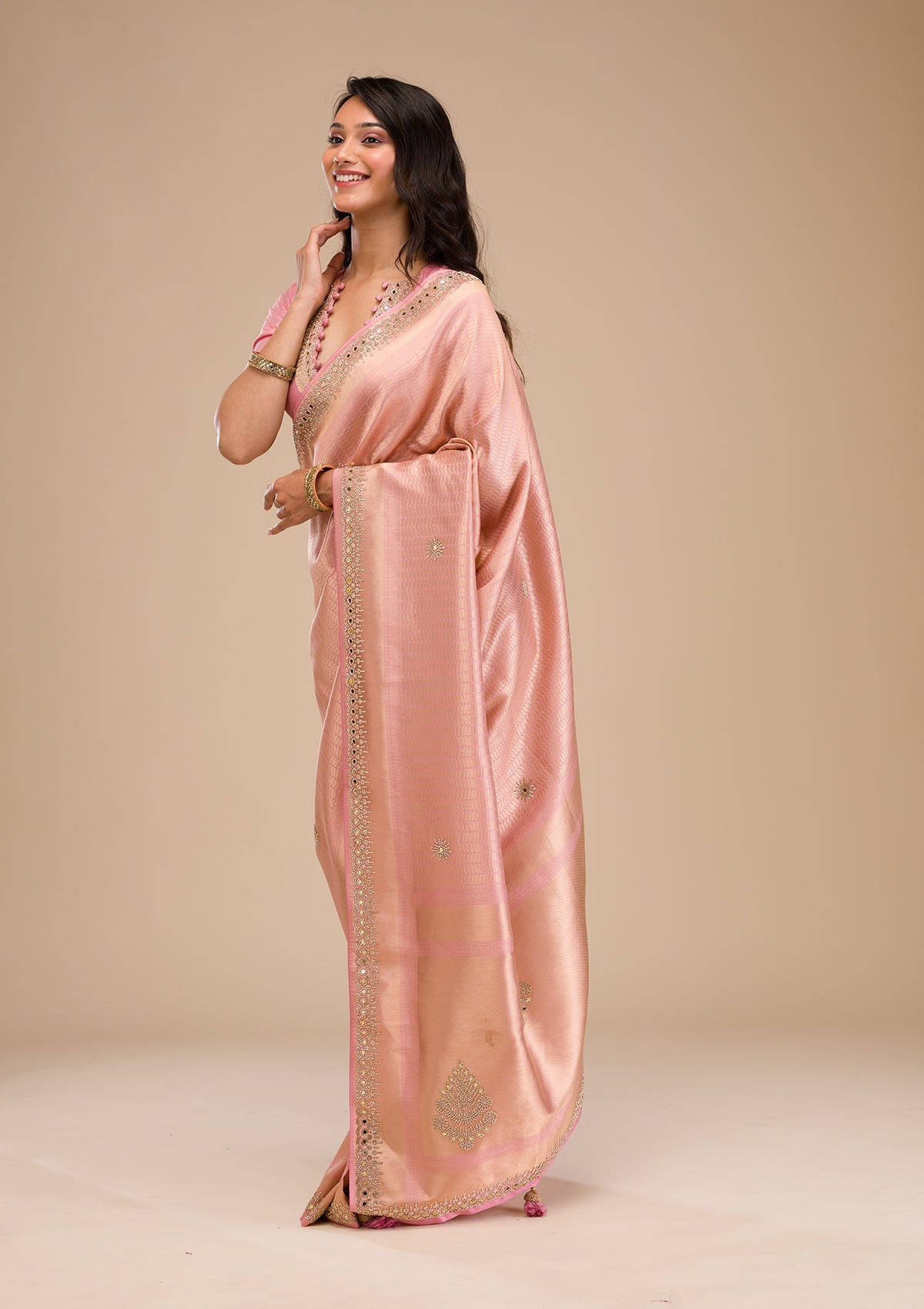 Pink Mirrorwork Soft Silk Saree-Koskii