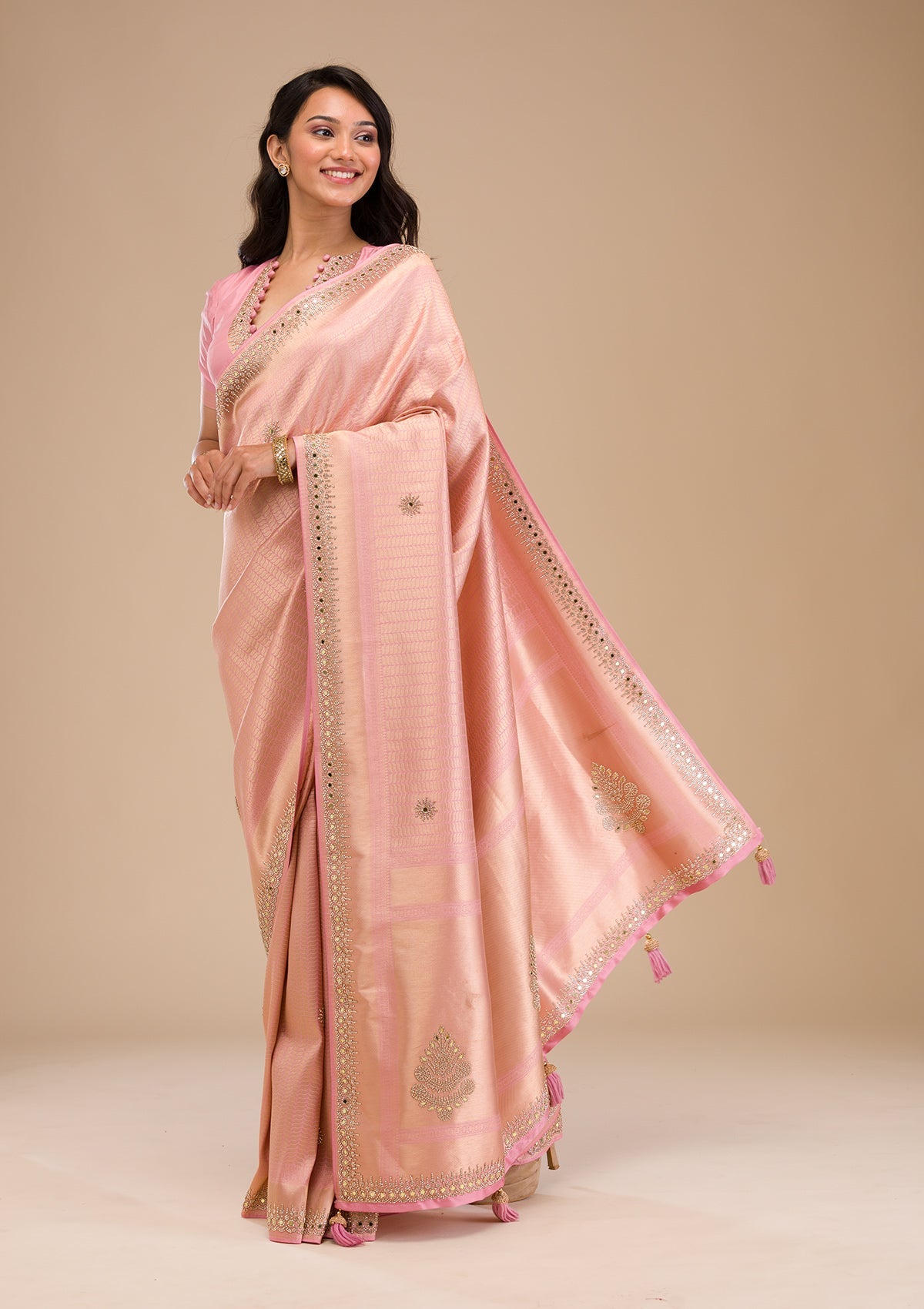 Pink Mirrorwork Soft Silk Saree-Koskii