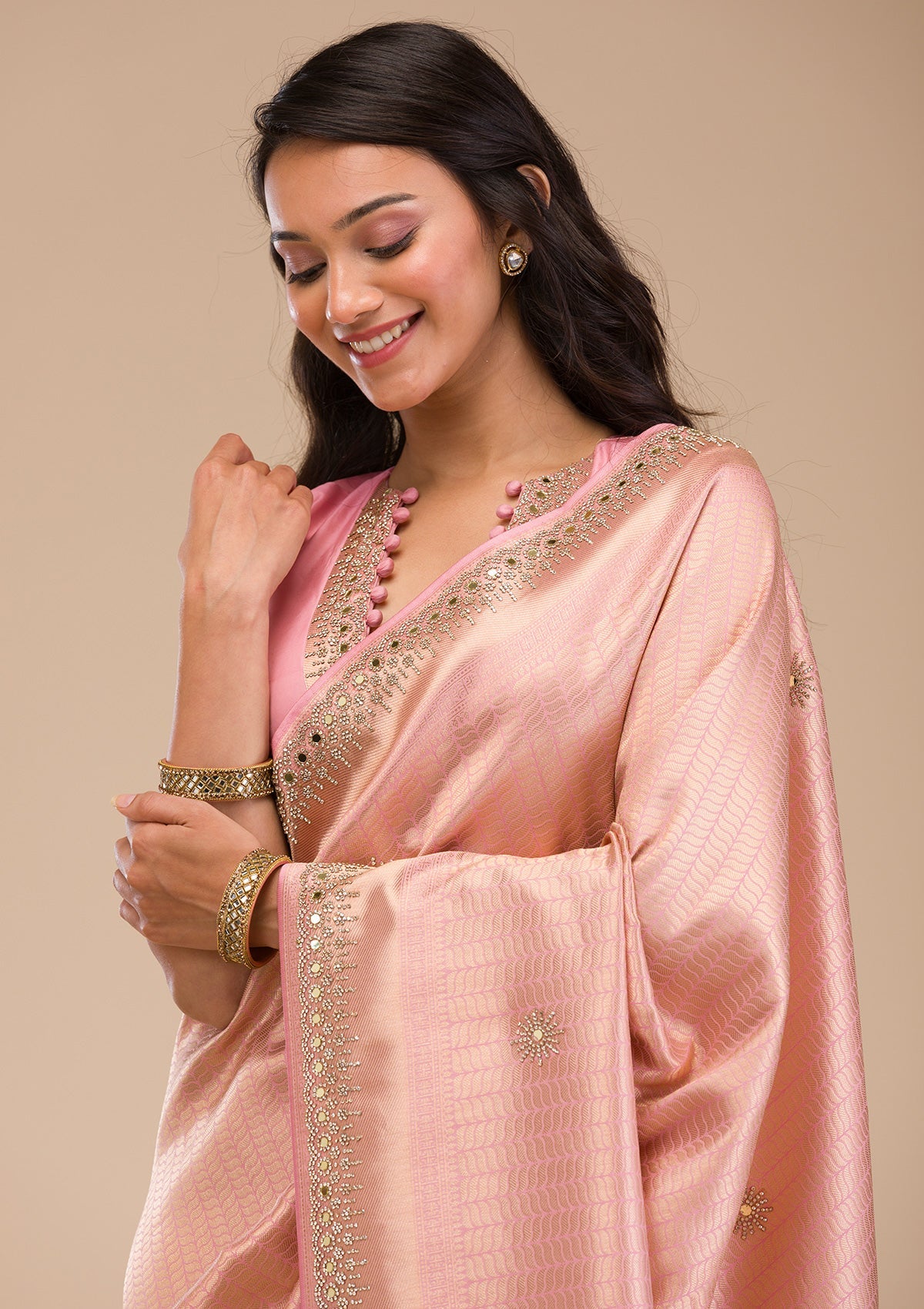 Pink Mirrorwork Soft Silk Saree-Koskii