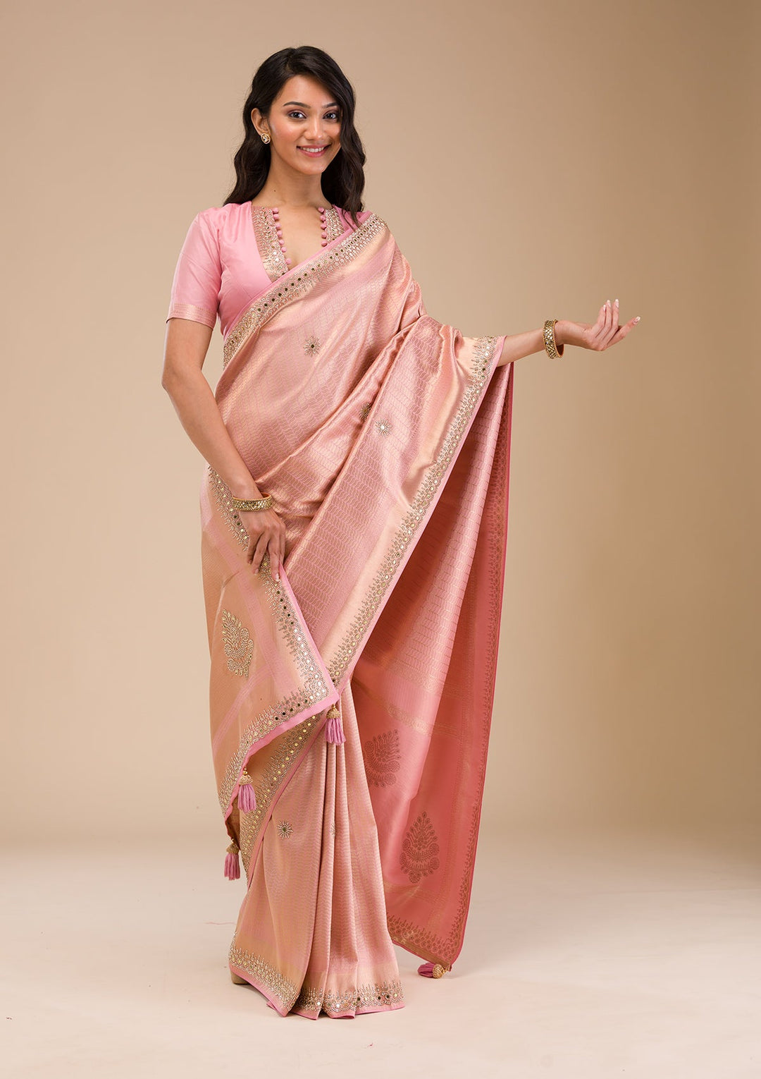 Pink Mirrorwork Soft Silk Saree-Koskii