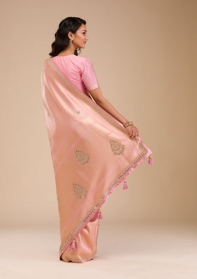 Pink Mirrorwork Soft Silk Saree-Koskii