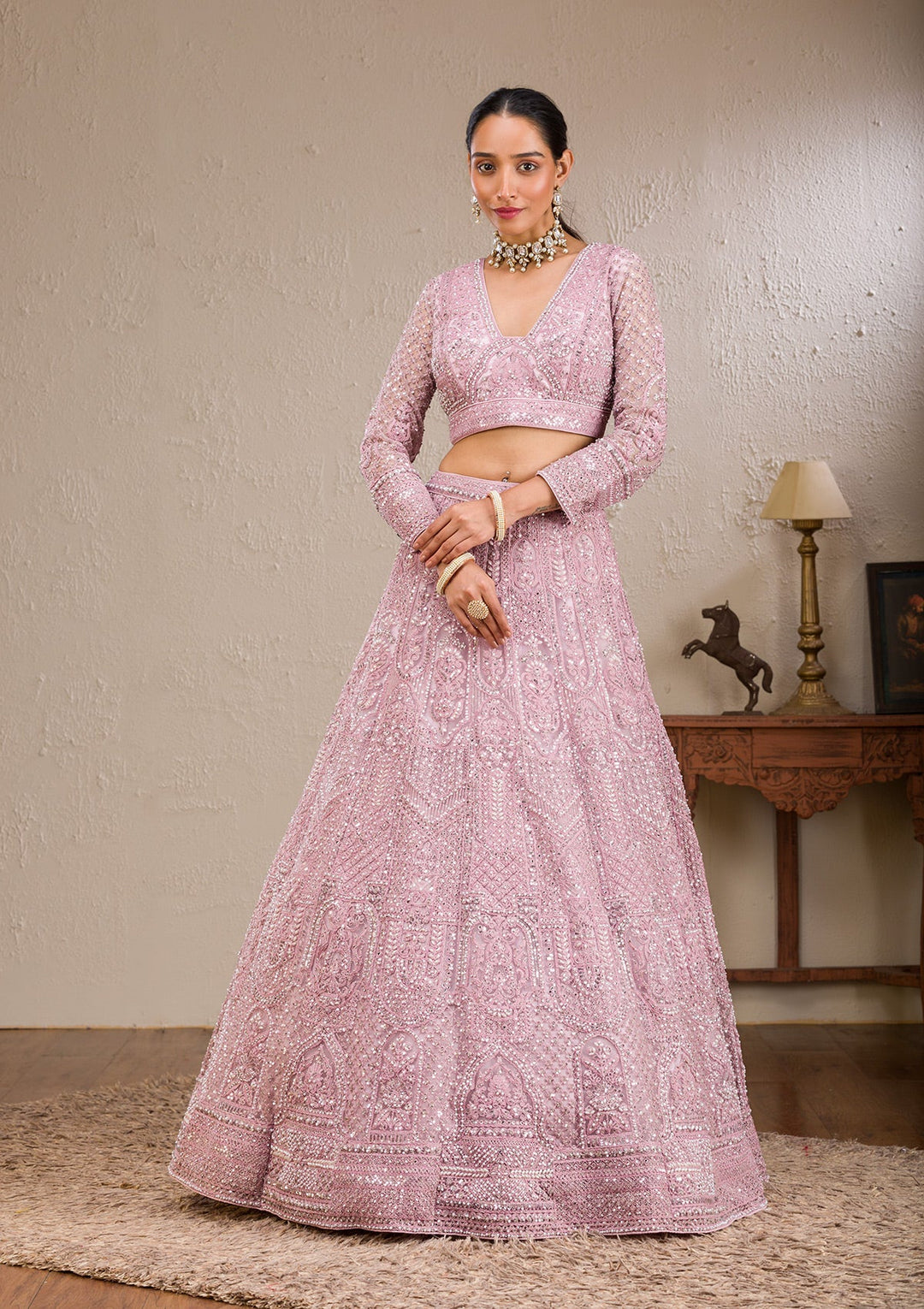 Pink Pearlwork Net Readymade Lehenga-Koskii