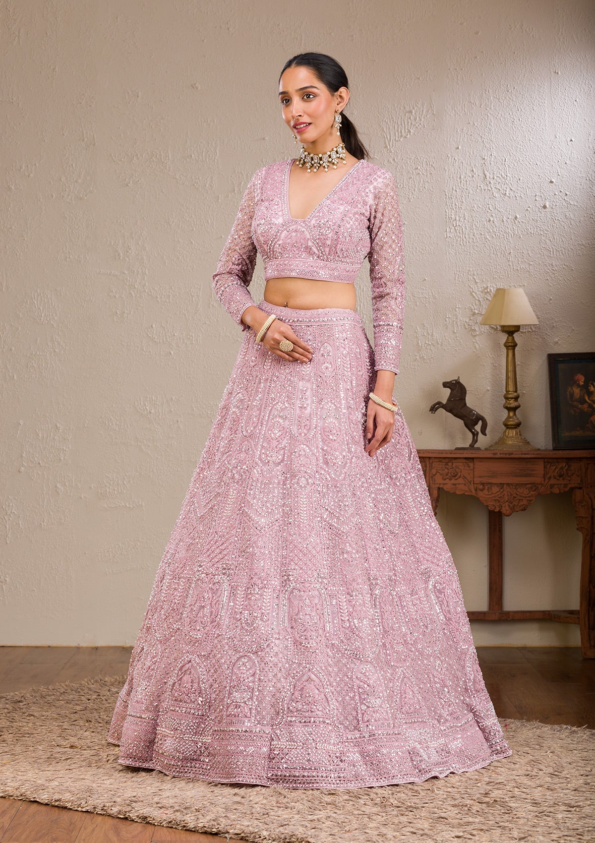 Pink Pearlwork Net Readymade Lehenga-Koskii