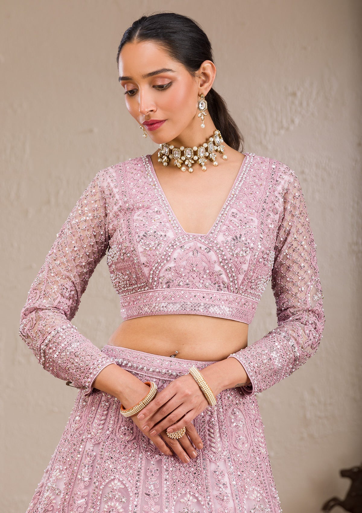 Pink Pearlwork Net Readymade Lehenga-Koskii