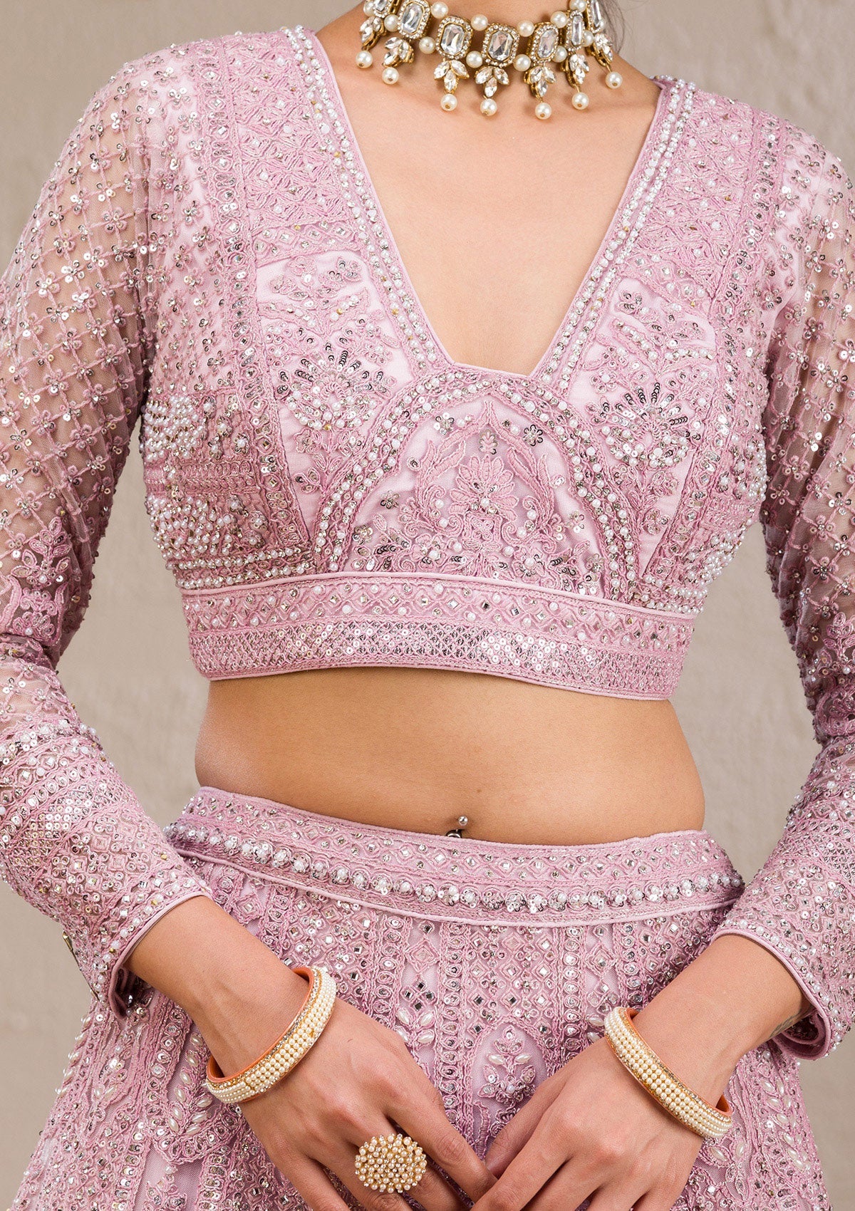 Pink Pearlwork Net Readymade Lehenga-Koskii