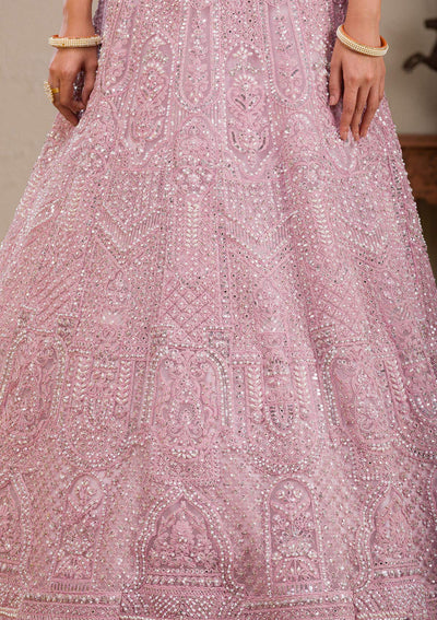 Pink Pearlwork Net Readymade Lehenga-Koskii