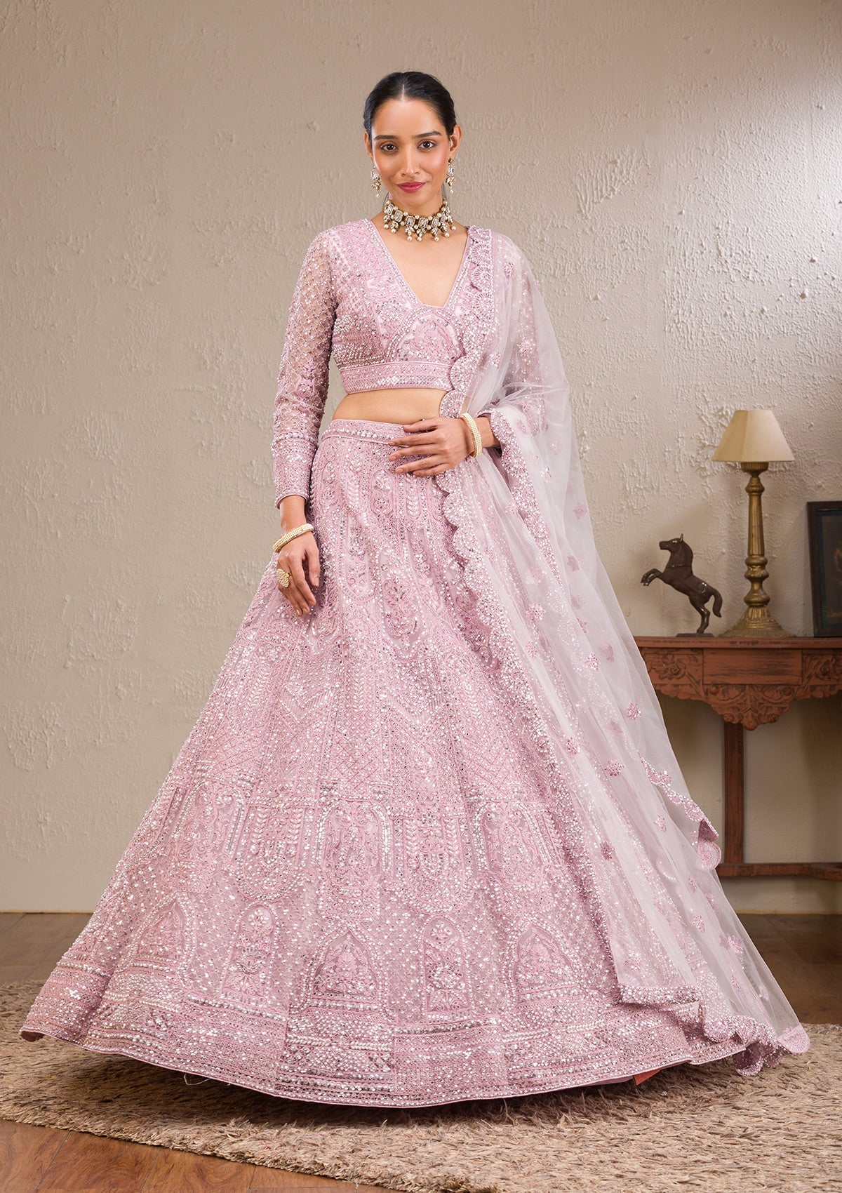 Pink Pearlwork Net Readymade Lehenga-Koskii