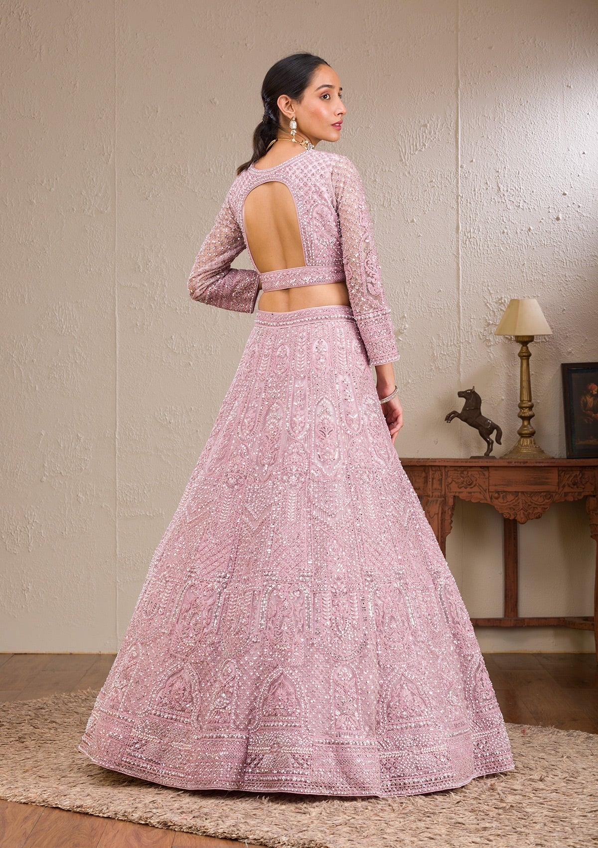 Pink Pearlwork Net Readymade Lehenga-Koskii