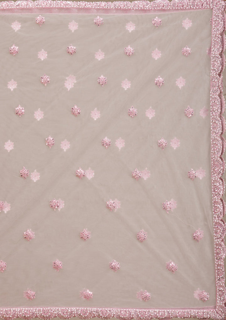 Pink Pearlwork Net Readymade Lehenga-Koskii