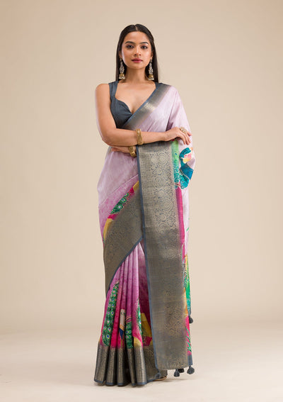 Pink Printed Art Silk Saree-Koskii