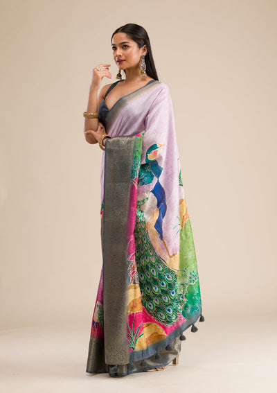 Pink Printed Art Silk Saree-Koskii