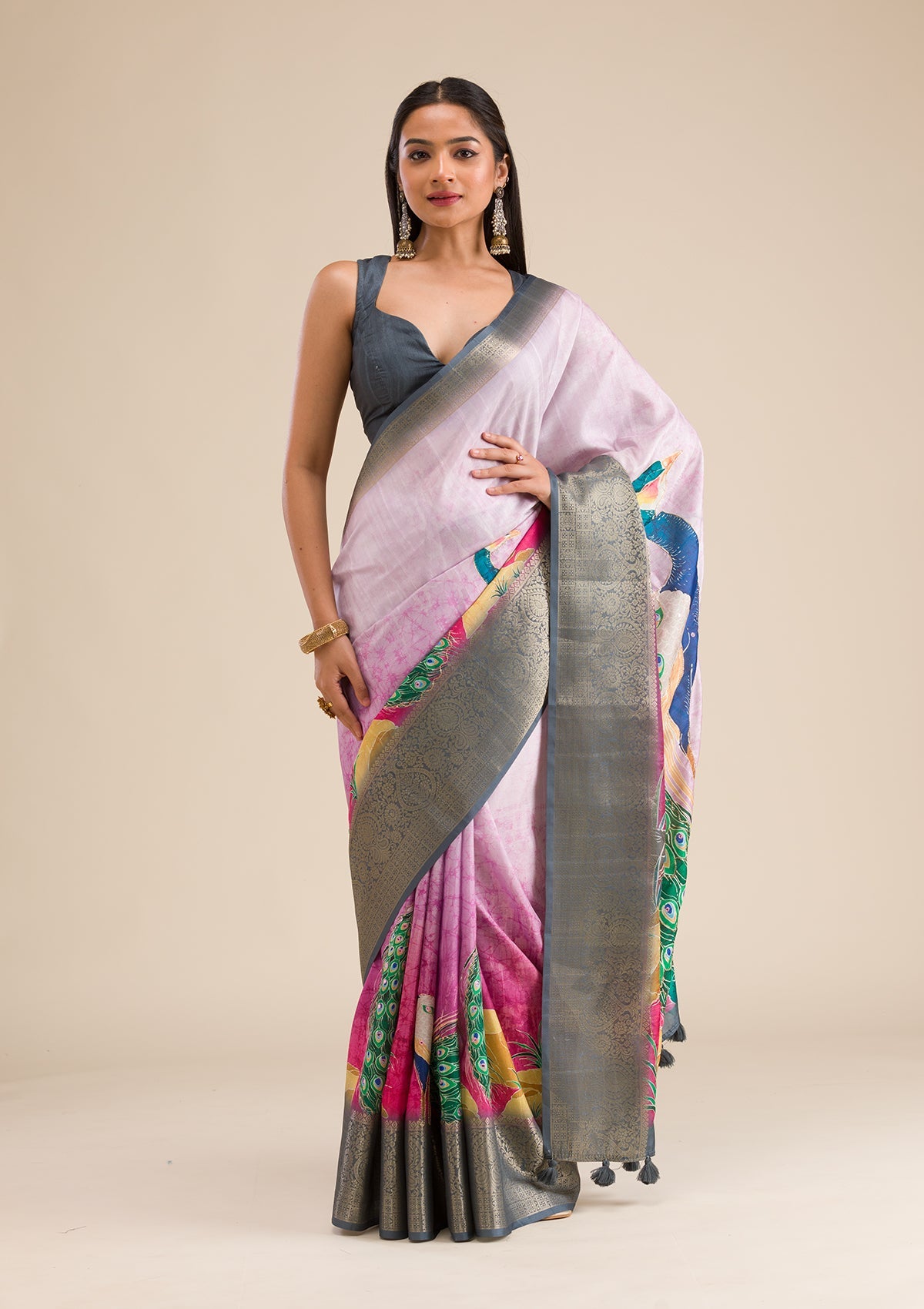 Pink Printed Art Silk Saree-Koskii