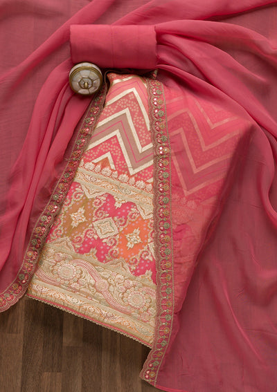 Pink Printed Banarasi Unstitched Salwar Suit-Koskii