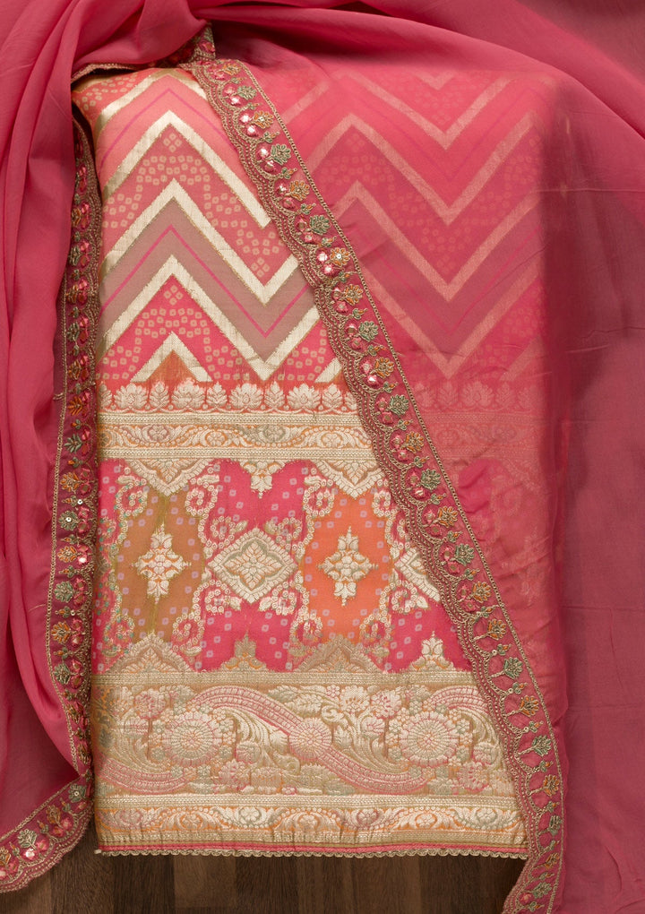 Pink Printed Banarasi Unstitched Salwar Suit-Koskii