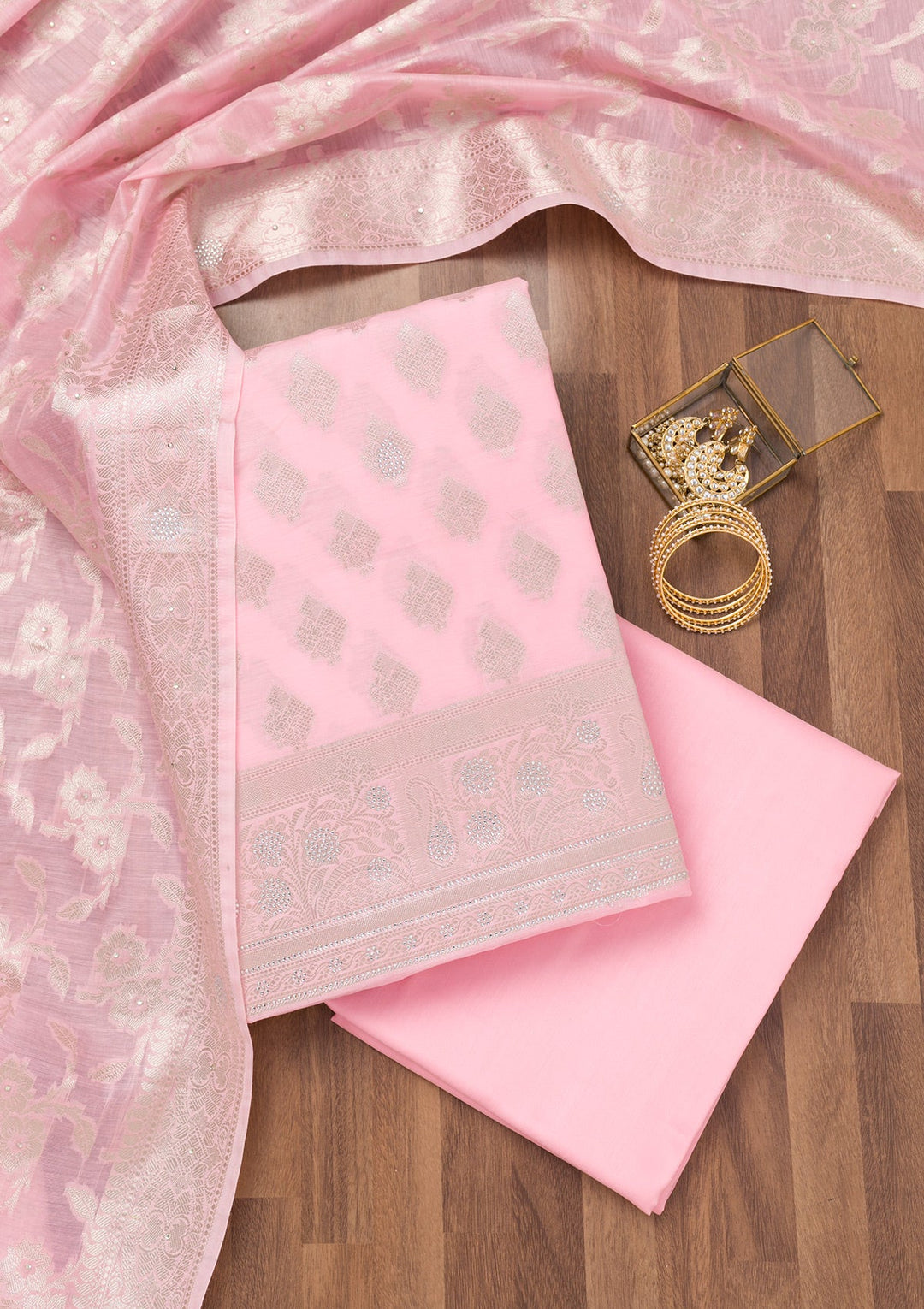 Pink Printed Banarasi Unstitched Salwar Suit-Koskii