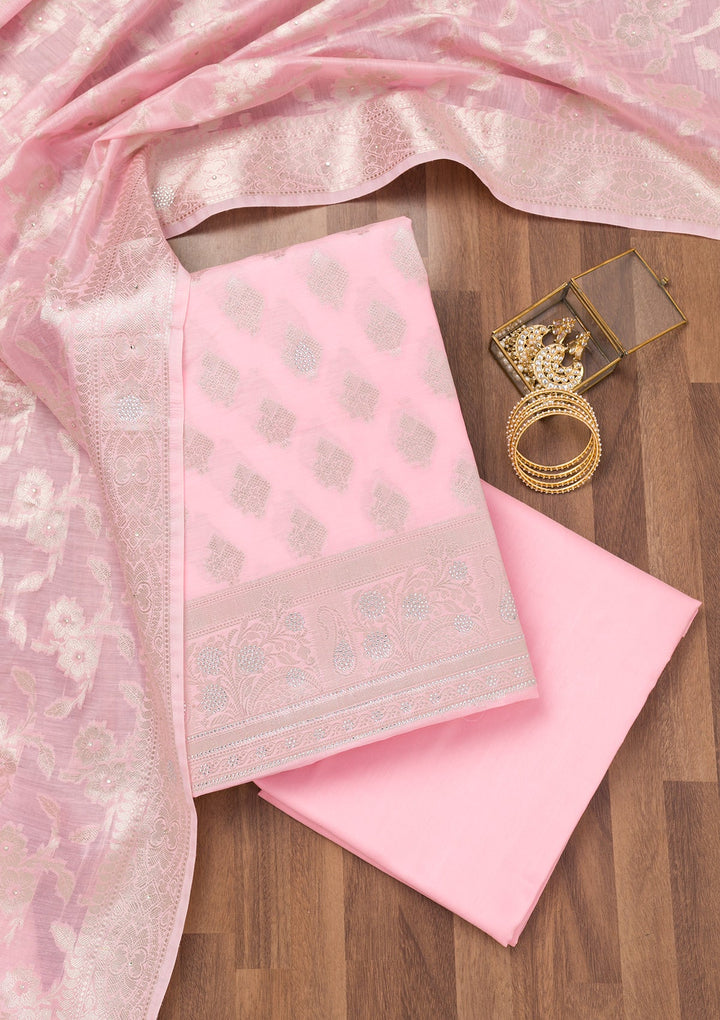 Pink Printed Banarasi Unstitched Salwar Suit-Koskii