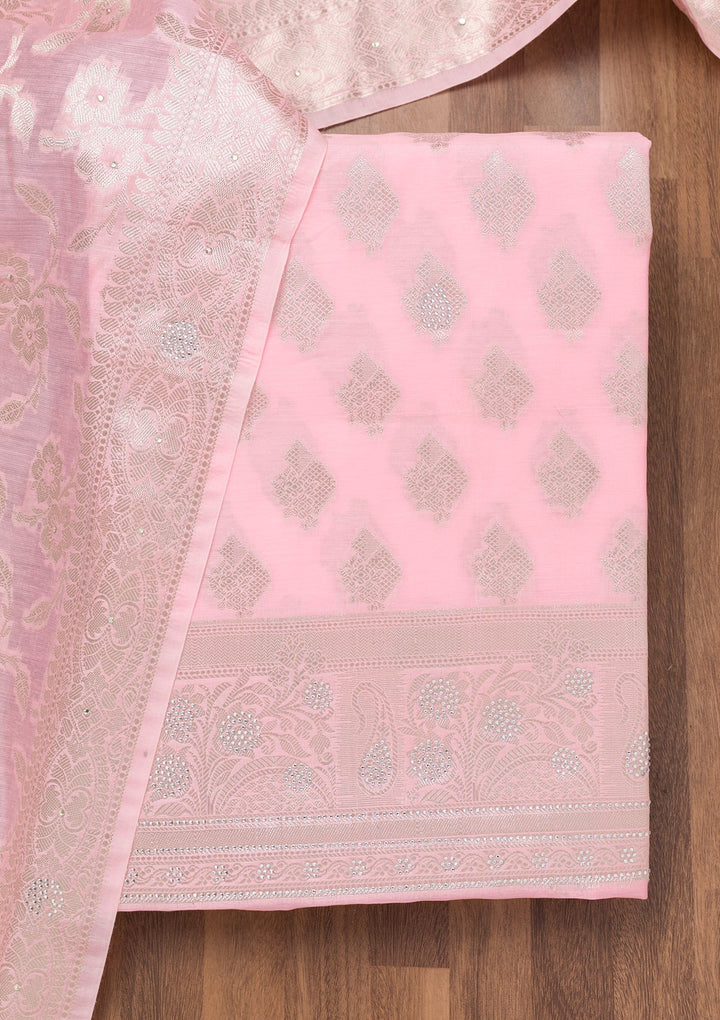 Pink Printed Banarasi Unstitched Salwar Suit-Koskii