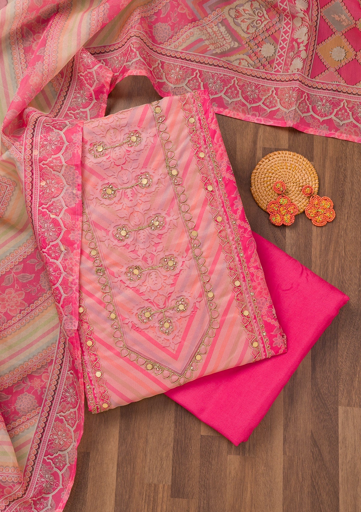 Pink Printed Chanderi Unstitched Salwar Suit-Koskii